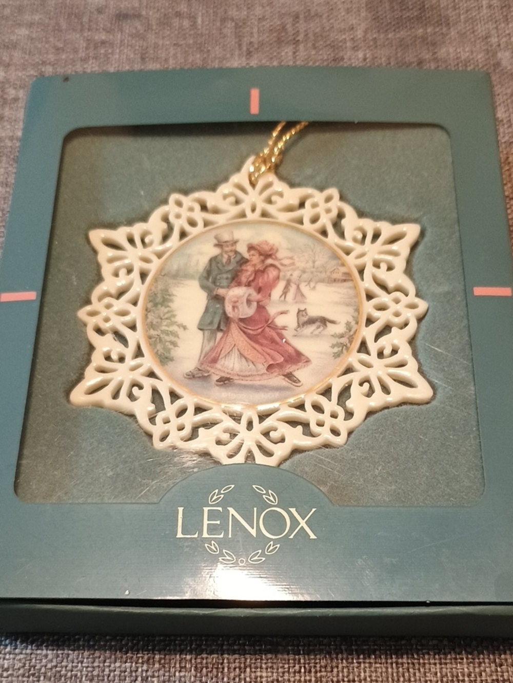 Lenox White Porcelain Lace Holiday Ornament with Vintage Winter Couple
